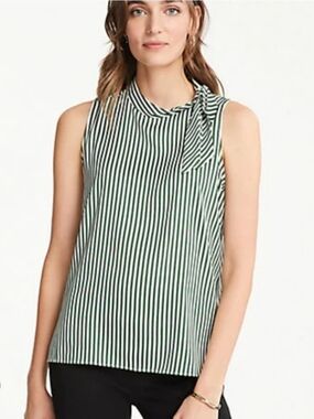 Ann Taylor Green and White Striped Tie-Neck Sleeveless Top - Size M